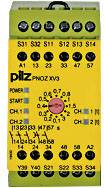 Yellow safety relay with label 'pilz PNOZ XV3'. Shows switches and connections for safety control, with green and red indicators.