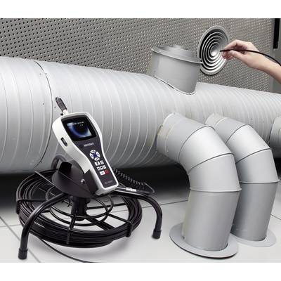 'Inspection of a ventilation system with an endoscopic device to check pipework.' A hand opens a ventilation grille.