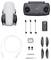 DJI drone kit consisting of drone, remote control, battery, spare propellers, charging cables, and screwdriver on white background.