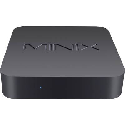 Black, square device with 'MINIX' printed on the top surface. It has rounded corners and a small blue indicator.