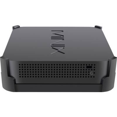 A black mini PC with 'MINIX' written on the top, a ventilated front panel, and a power switch.