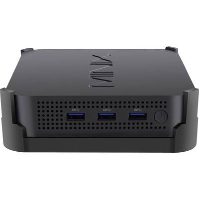 Black mini PC with three USB ports and a power switch on the front, manufacturer's name visible at the top.
