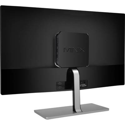 A black flat-screen monitor with a small, square device attached to the back. The device is printed with the label 'MINIX'.