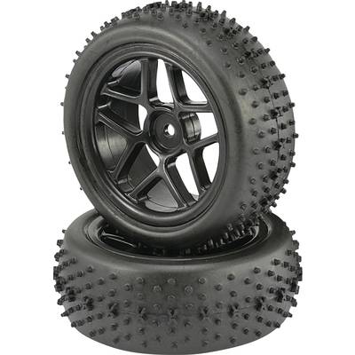 Two black tyres with chunky tread patterns, one standing vertically, the other lying horizontally. They are suitable for off-road vehicles.