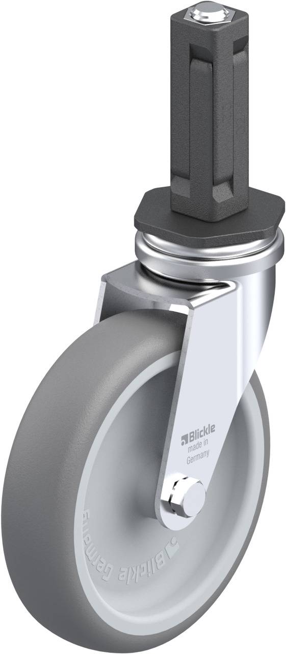 Swivel wheel made of plastic with a grey roller and metal mounting. Suitable for furniture or equipment requiring mobility.