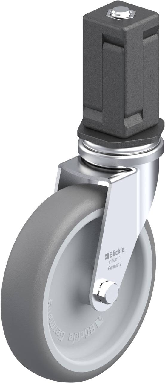 Castor wheel with grey wheel and black mounting block, suitable for industrial applications.