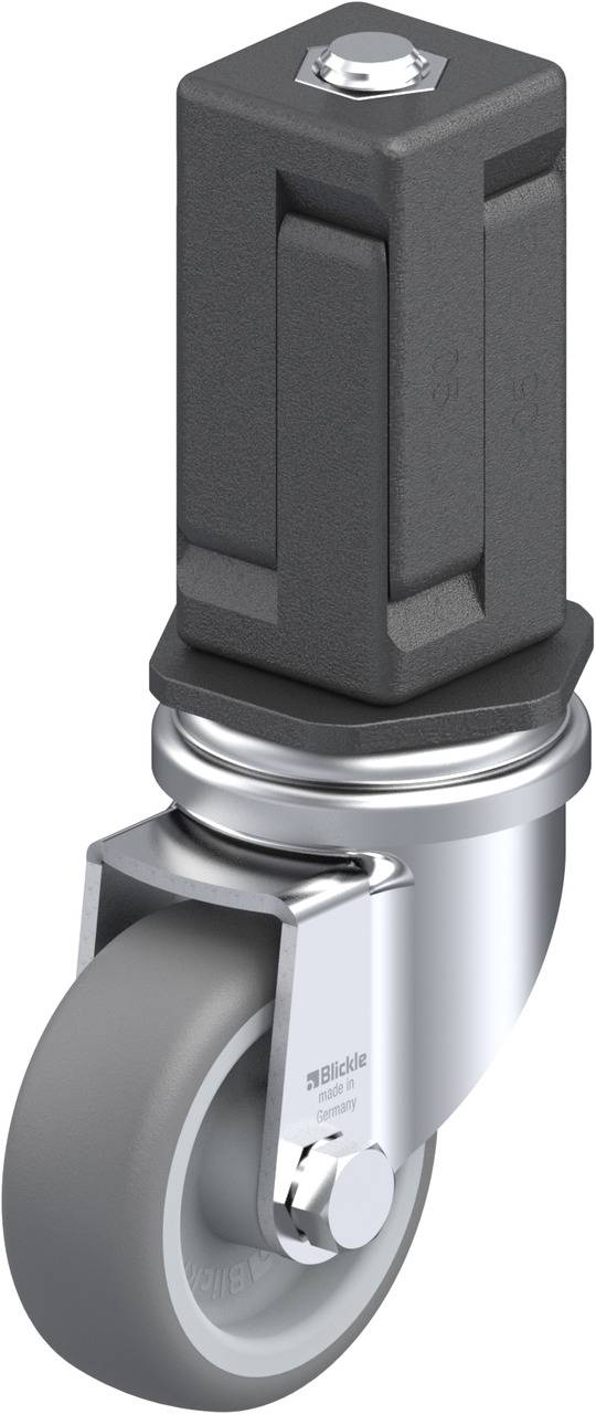 A matt black castor wheel with a ribbed mounting bracket and grey rubber tread, designed for industrial applications.