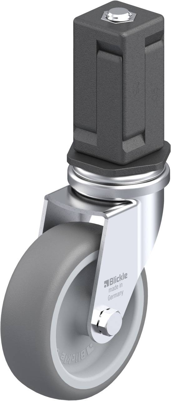 Industrial stop-and-lock castor wheel with grey wheel and black mounting bracket. Designed for heavy-duty applications with robust construction.