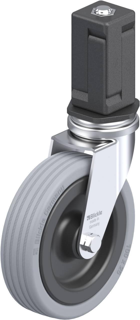 A grey steering wheel with a black, square steel beam and silver shaft. Marked with 'Blickle' and details of the product line.