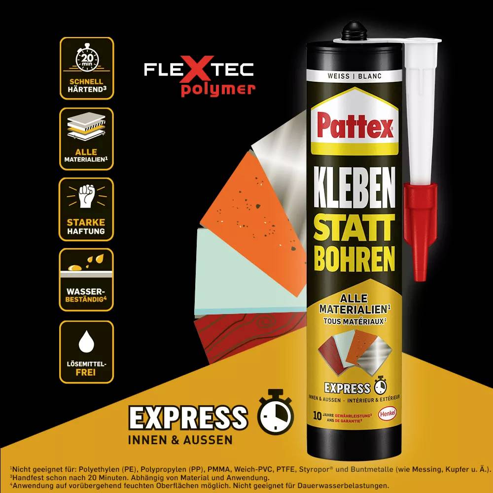 A tube of Pattex adhesive 'Glue Instead of Drilling' with accessories. Text emphasises 'strong adhesion' and 'weather-resistant' for various materials.
