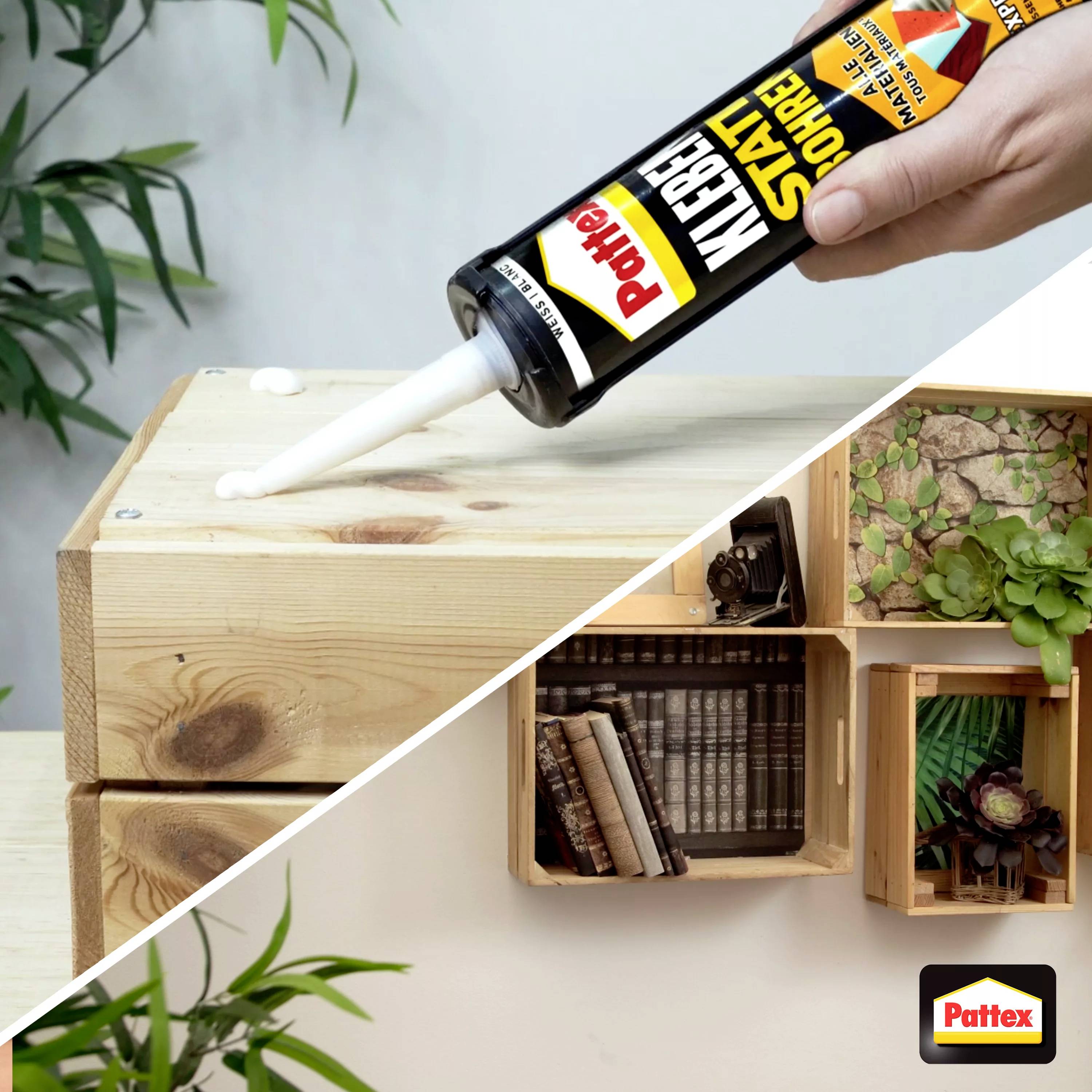A hand is using Pattex adhesive from a cartridge on a wooden board. Wooden shelves with plants and books can be seen in the background.