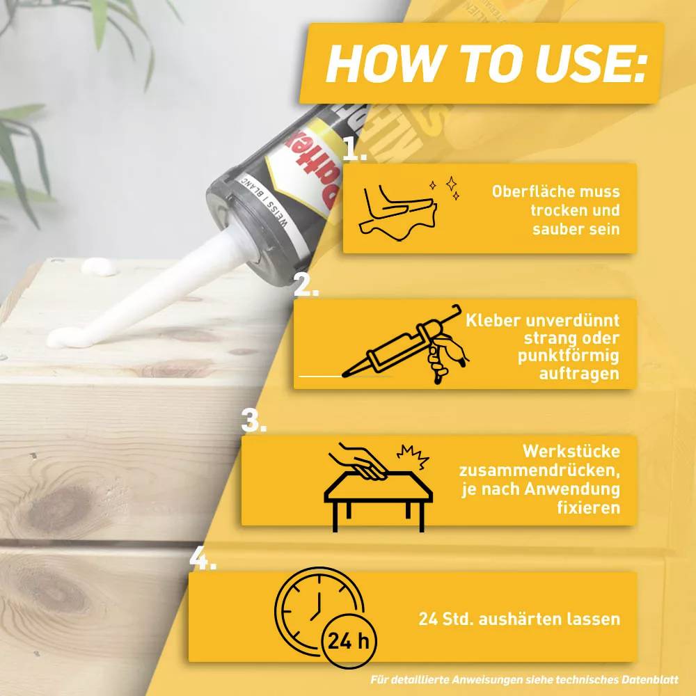 Glue Instructions in Four Steps: 1. Surface dry and clean. 2. Apply adhesive. 3. Secure workpieces. 4. Allow to cure for 24 hours.