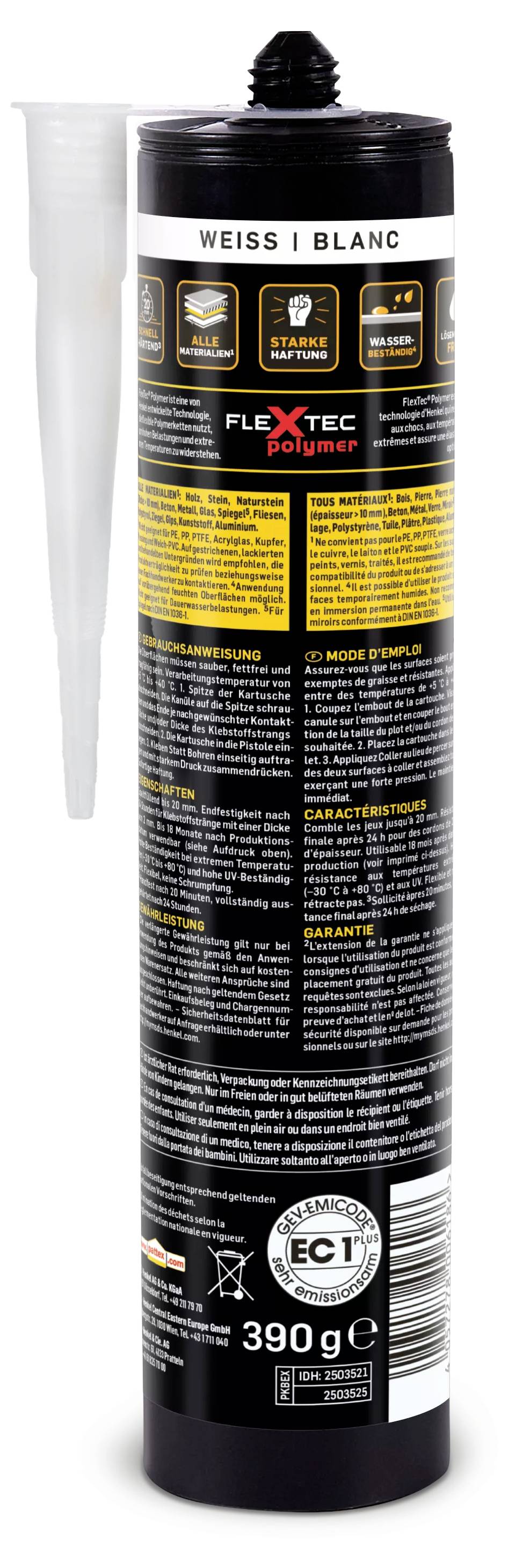 A black cartridge with the inscription 'FLEXtec Polymer', containing 390 g. Inscription in multiple languages with a white nozzle.