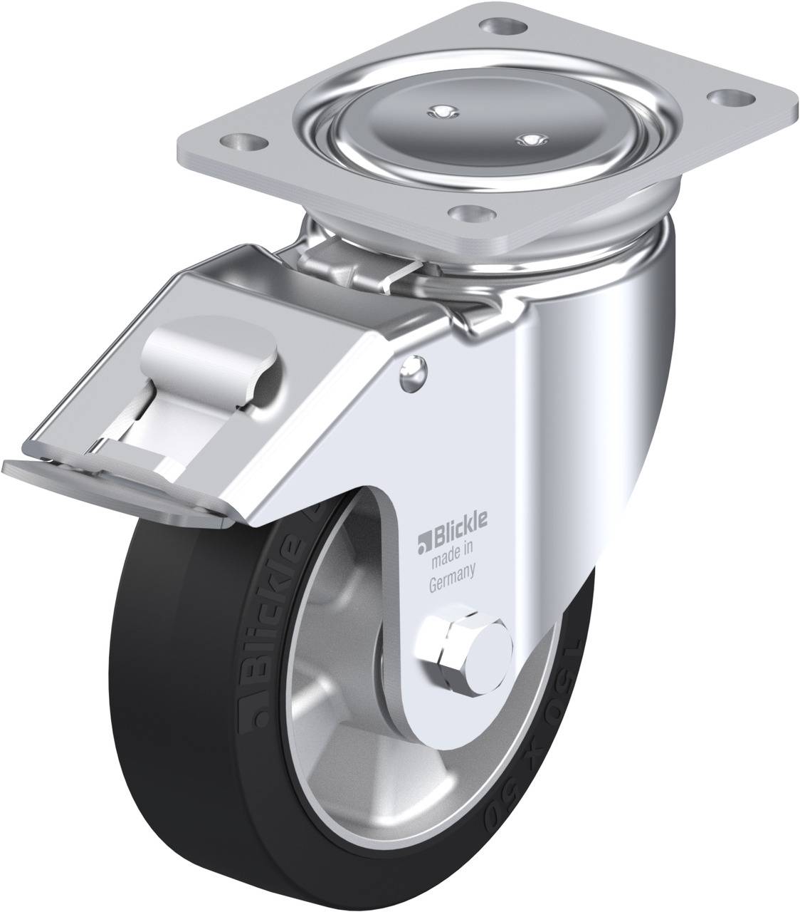 Swivel castor with brake and black rubber, silver housing, suitable for transport equipment.
