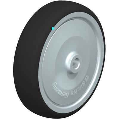 Grey wheel with a black rubber tyre, viewed from the side. A round metal hub in the centre.