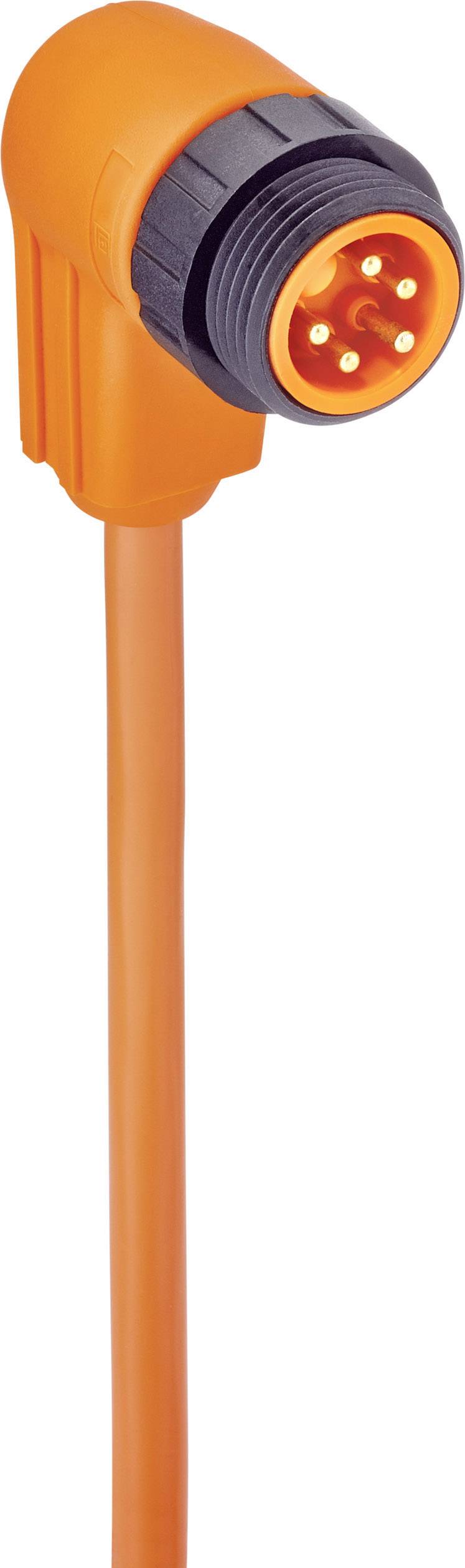 Orange M12 connector with five metal pins and right-angled design, attached to a cable.