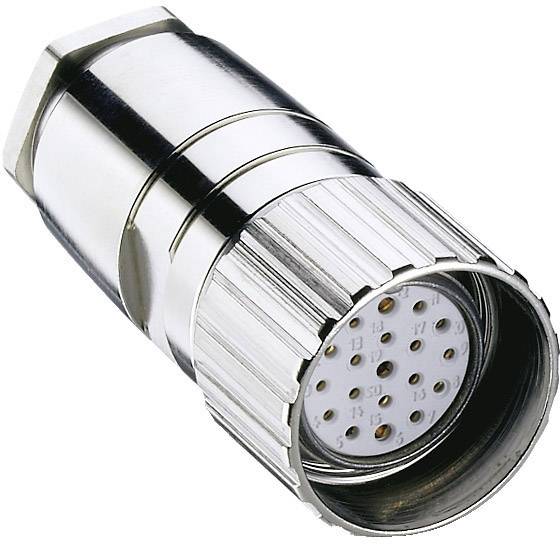 Metal connector with multiple pins in a round, silver housing. Technical component for electrical connections.