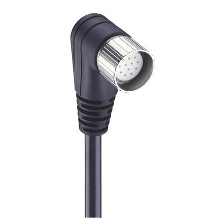 'A black cable with a silver, angled plug featuring multiple pins, likely for electronic devices.'