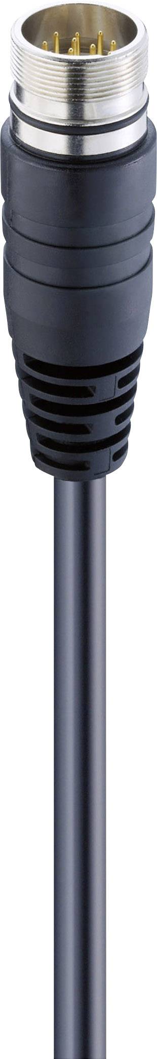 A black cable plug with a metal termination and multiple golden pins, vertically aligned.