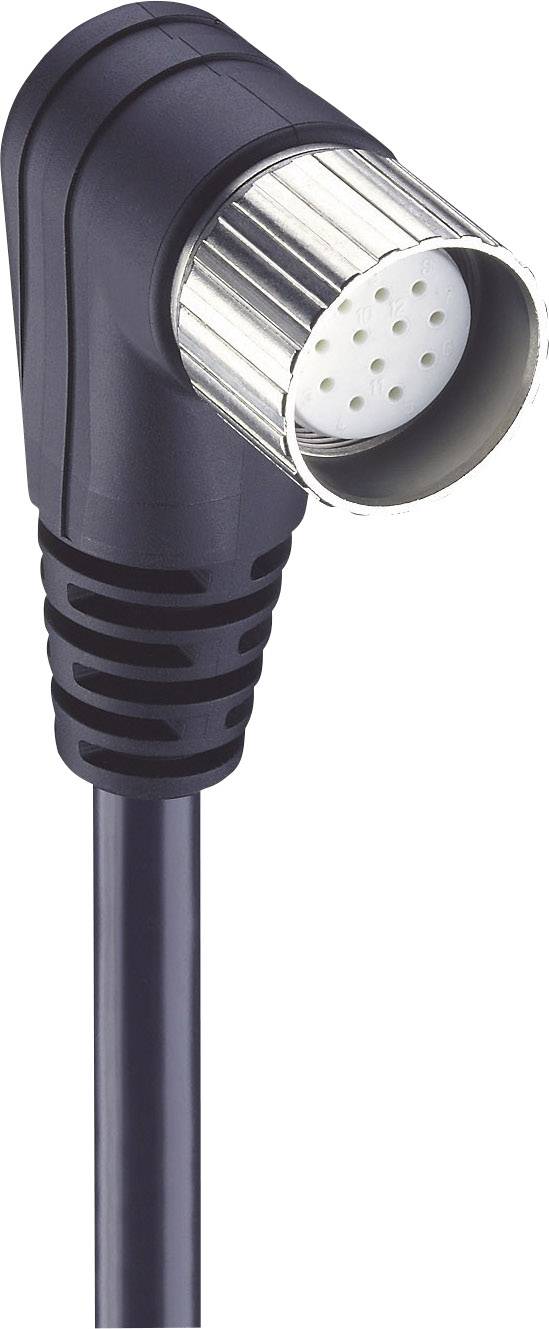 A black, angled circular plug with multiple pin connections, suitable for electronic or audio cable connections.