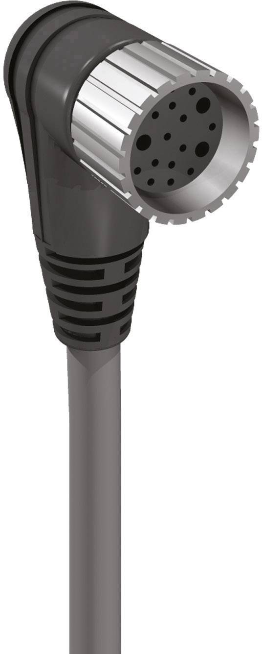 A grey-black round plug with multiple pins, suitable for technical connections, pictured from the side with a cable.