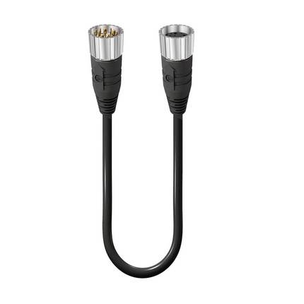 Black and grey connecting cable with two round plugs at the ends, suitable for audio or video equipment.
