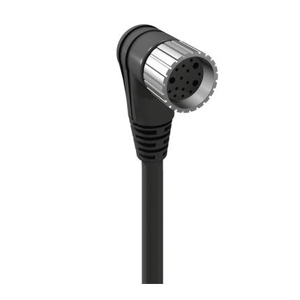 A black, angled multi-pole plug with a ribbed metal casing, suitable for specific electronic connections.