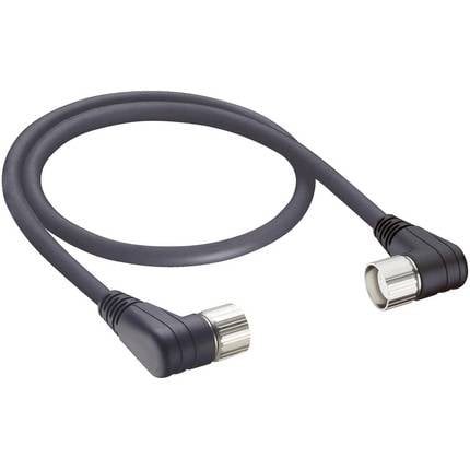 A black coaxial cable with two angled connectors at the ends. Suitable for TV connection or aerial connections.