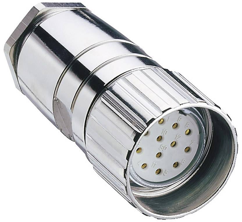Metallic multi-pin plug adapter for electrical connection, set against a white background.