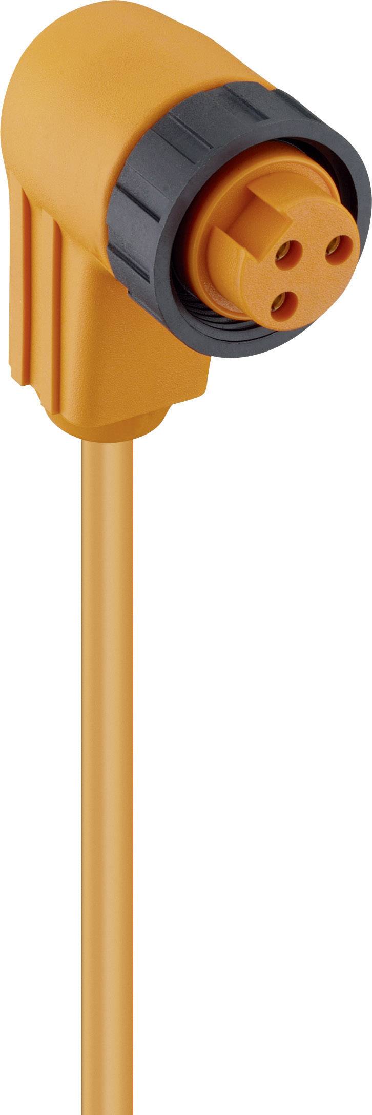 An orange connector with three pins and a black ring around the socket; suitable for industrial applications.