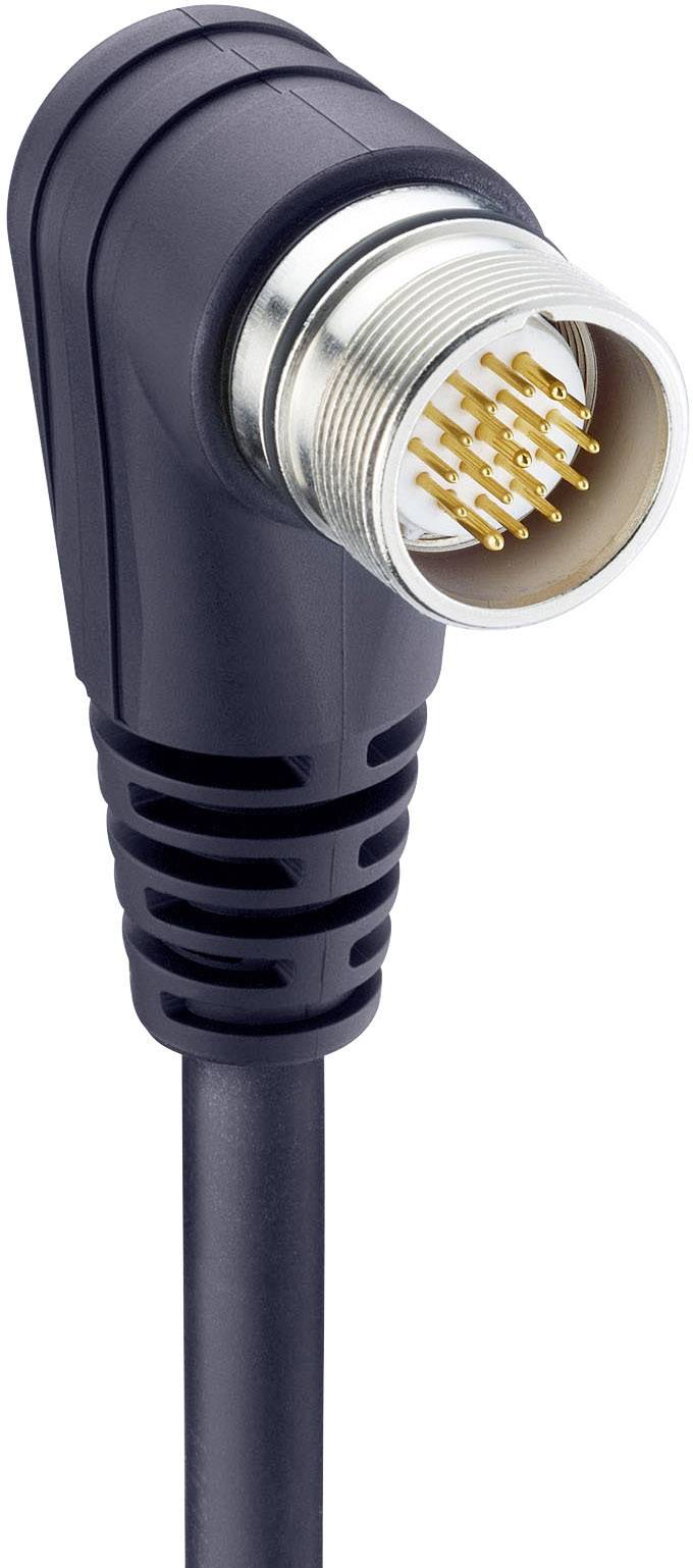 A right-angled, black connector with multiple gold-coloured metal pins, used for electrical connections.