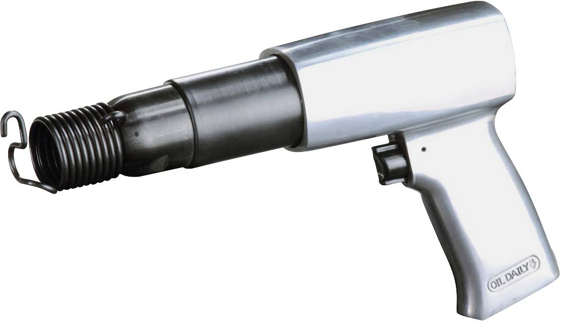 Pneumatic chisel with metal body and trigger, used for demolition work and metalworking.