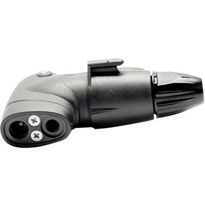 Black, rectangular bicycle pump adapter with two screws and valve holes.