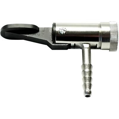 A metallic, cylindrical valve with a lever on the left side and a ribbed outlet nozzle underneath.