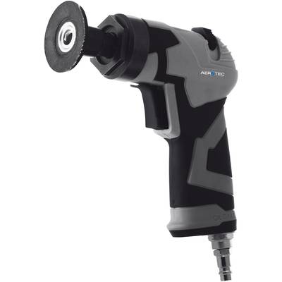 Black and grey angle grinder with an ergonomic handle and air connection, brand visible on the housing.