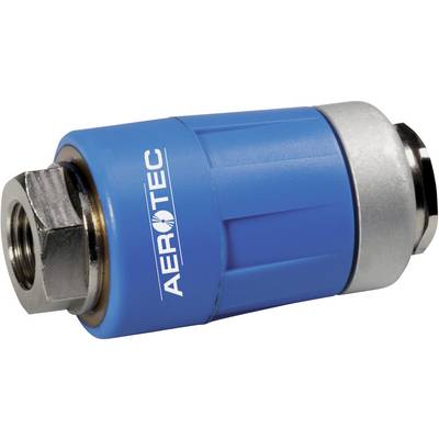 Blue Aerotec pneumatic quick-connect coupling plug with silver ends, used in compressed air systems for rapid connection and disconnection.