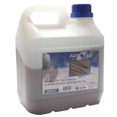 'Container of blasting medium 0.5 - 0.8mm grain size for sandblasting guns and systems, brand AEROTEC, with blue cap.'