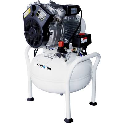 'White Aerotec compressor with silver motor and black fan, standing on four legs. Suitable for compressed air supply.'