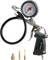 Pneumatic tyre inflator with pressure gauge, black hose and various interchangeable nozzles. Suitable for measuring and inflating tyres.