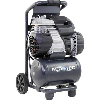 A black portable wheeled air compressor by 'Aerotec', with a silver motor on top, suitable for workshop use.