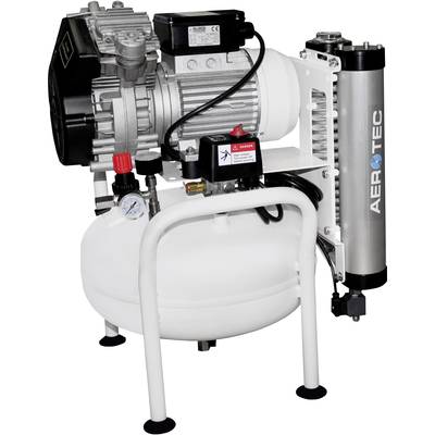 White compressor with pressure gauge, red valve and black hoses, suitable for industrial applications. Brand print 'Aero-Tec'.