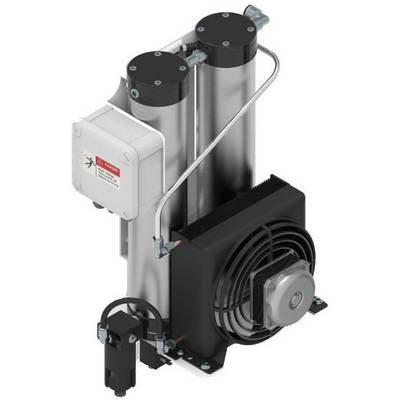 Industrial two-cylinder compressor with cooling fins and fan. Suitable for applications requiring compressed air.