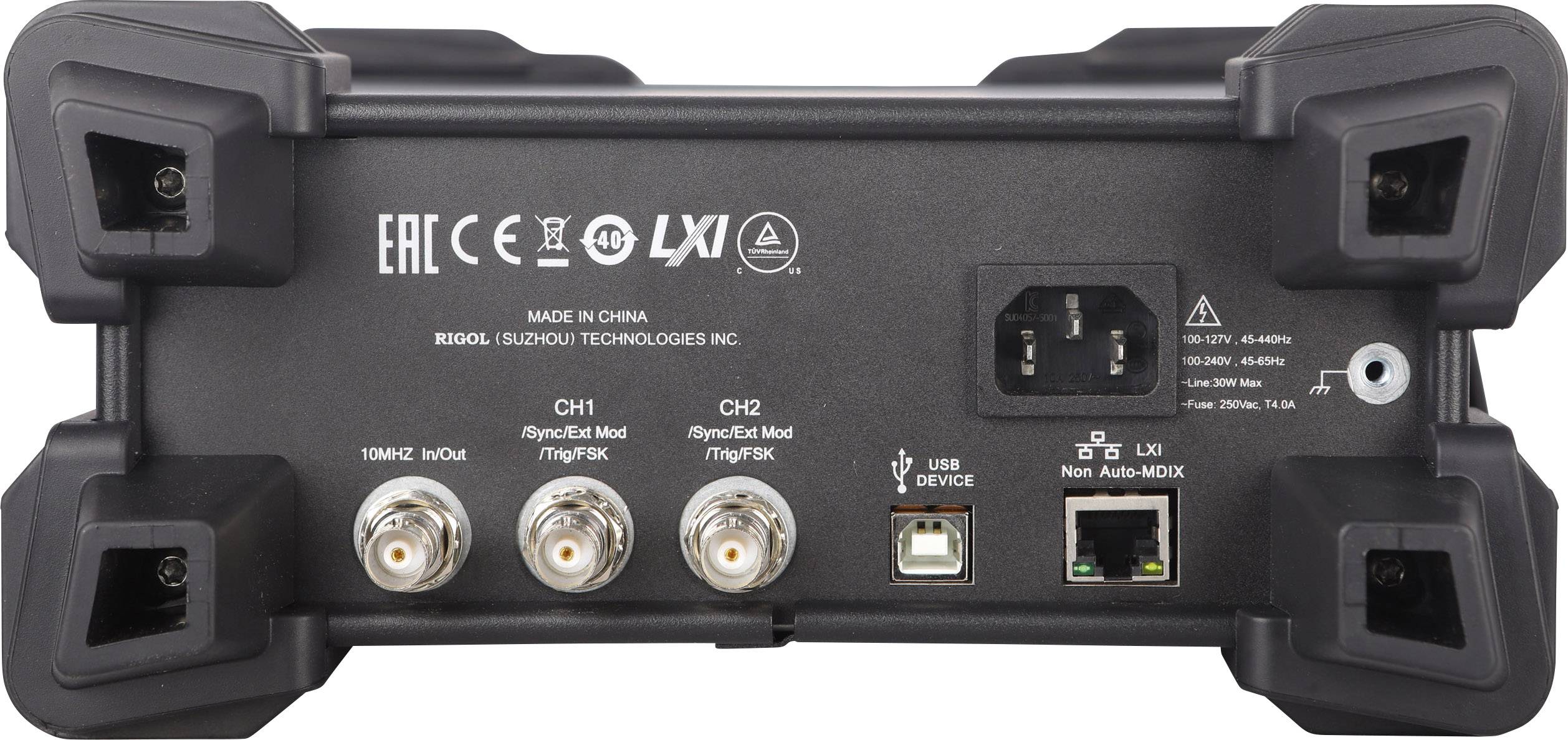 Back of an electronic device with multiple ports, including power socket, network interface, and USB connection.