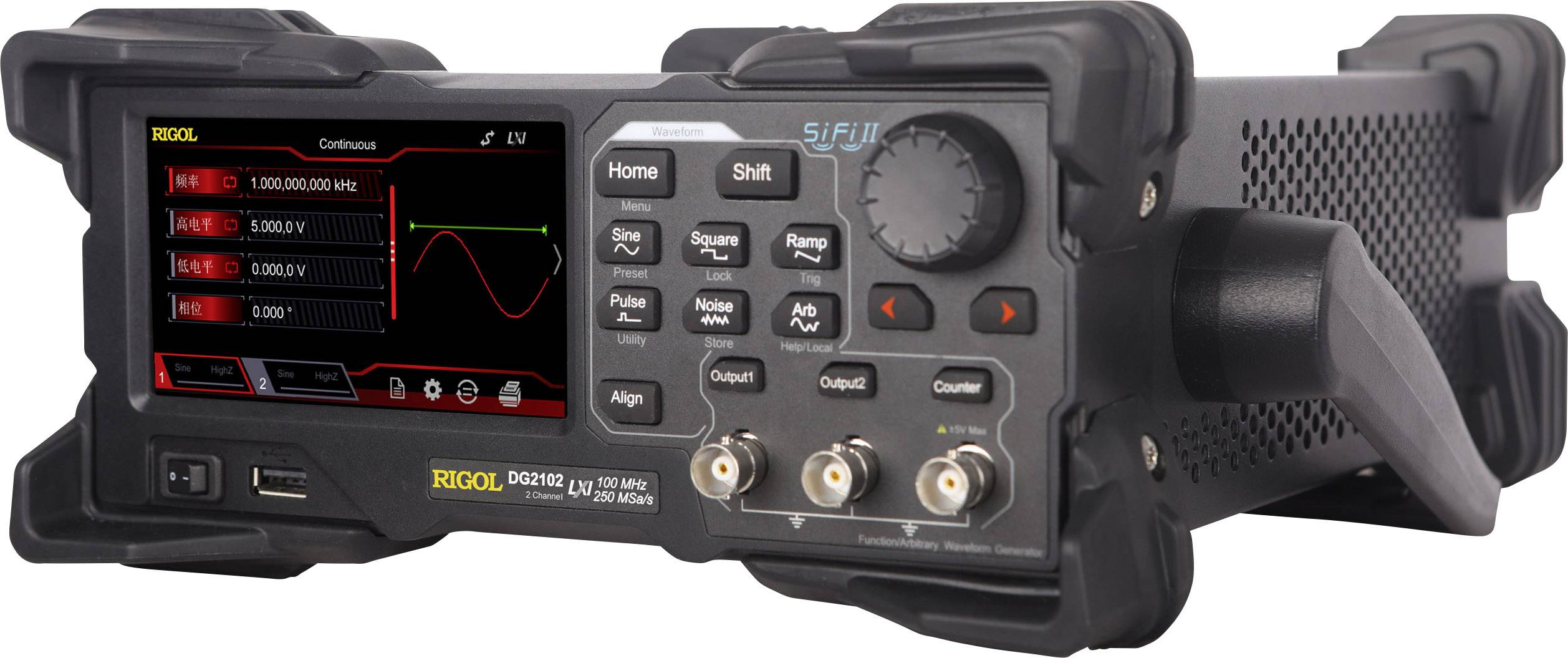 A digital oscilloscope with a display shows a waveform display along with various setting options and connection ports.
