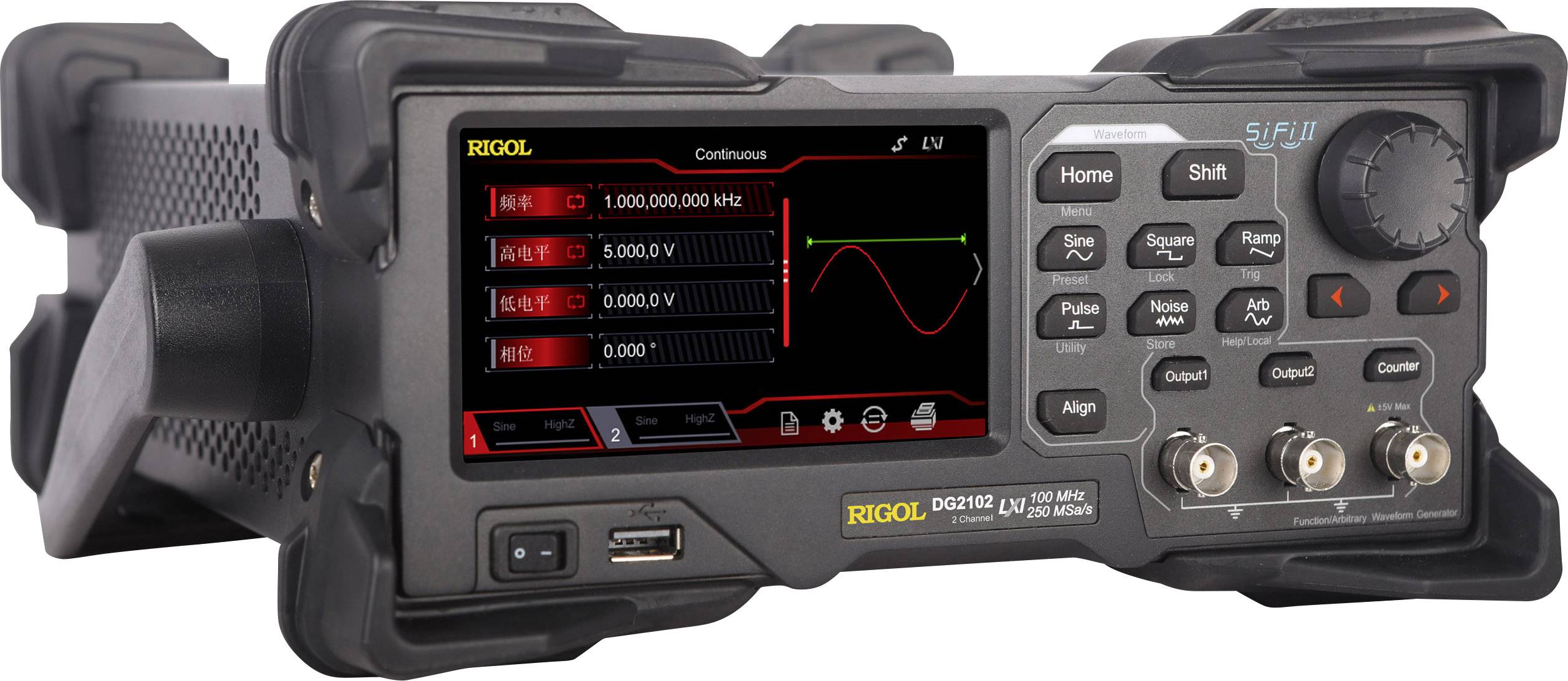 An oscilloscope with a digital display shows multiple waveforms. Control buttons and connections are visible on the right.