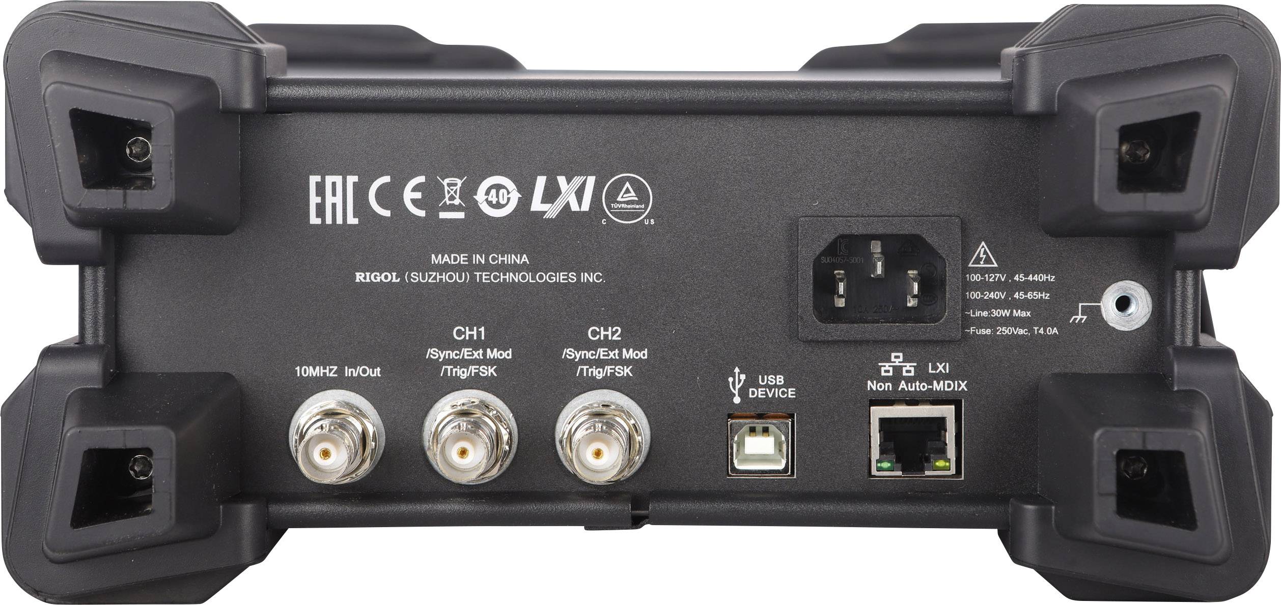 Back of an electronic device with a mains connection, USB port and four coaxial ports labelled CH1 and CH2.
