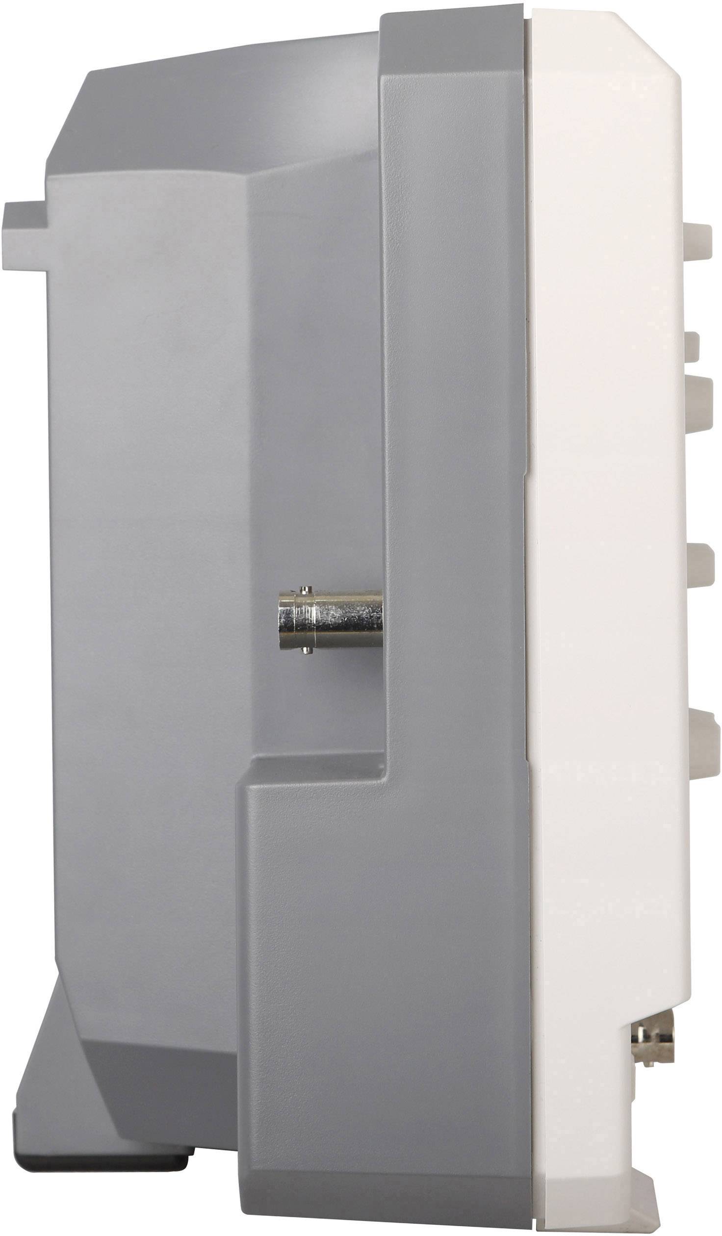 A grey and white, vertical plastic machine component photographed from the side; it shows a metal connection in the centre.