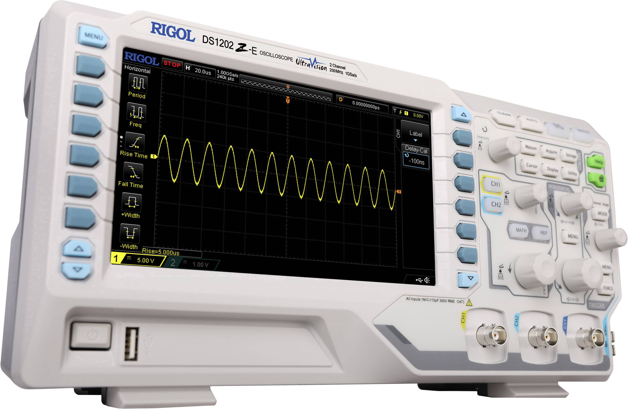 'Oscilloscope displays sinusoidal wave form on screen, Rigol DS1202Z-E model, with control buttons and connections on the front panel.'