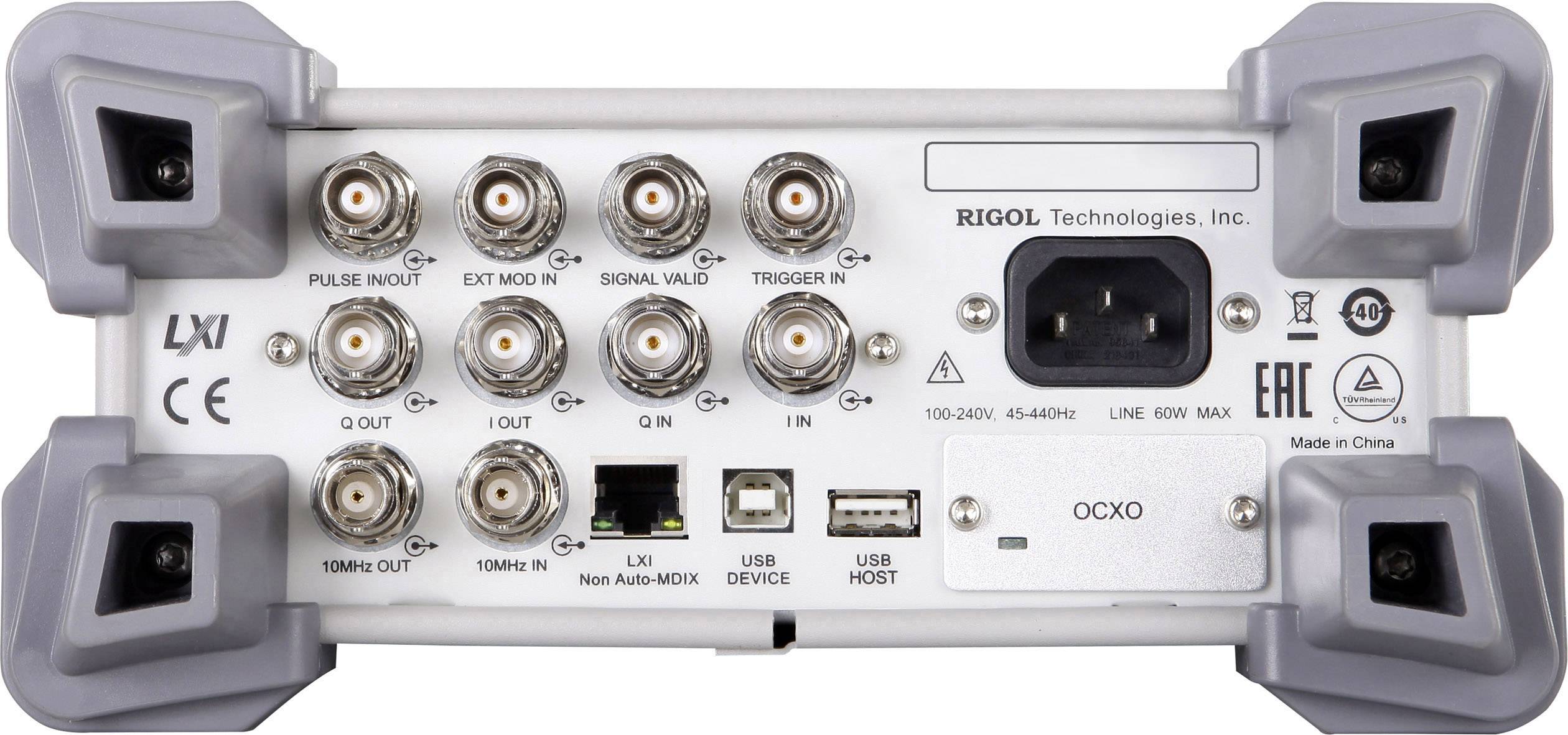 Back of an electronic device with multiple ports for signal inputs and outputs as well as power supply. Company logo and technical specifications are visible.
