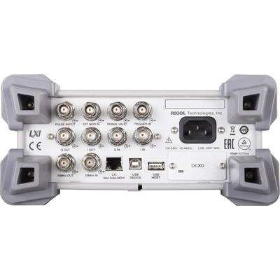Back of an electronic measuring device with various connection sockets and ports, including power supply and USB.